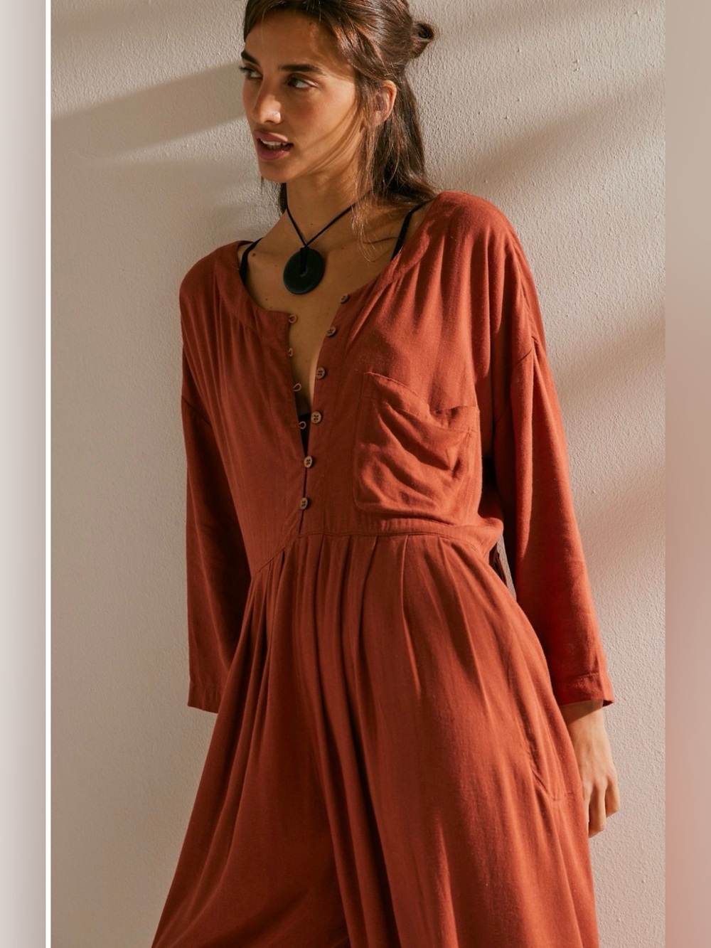 Free People Calci Women's Rust Button-Front Jumpsuit auburn - Picture 3 of 9